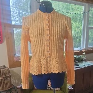 Vintage Peplum Cardigan Pale Orange Knitted Retro Feminine And Shiney Buttons